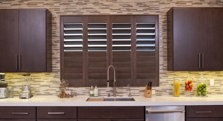Divider rail shutters in a Raleigh kitchen. Raleigh cafe kitchen shutters