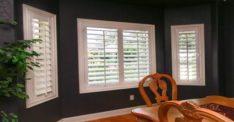 White Polywood Plantation Shutters In Dining Room With Dark Paint White Polywood Plantation Shutters In Dining Room With Dark Paint
