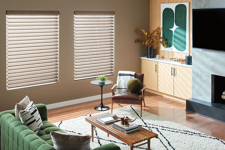 Effortlessly block outside light when you install motorized shades in your home media room. Sheer shades on windows in a TV room